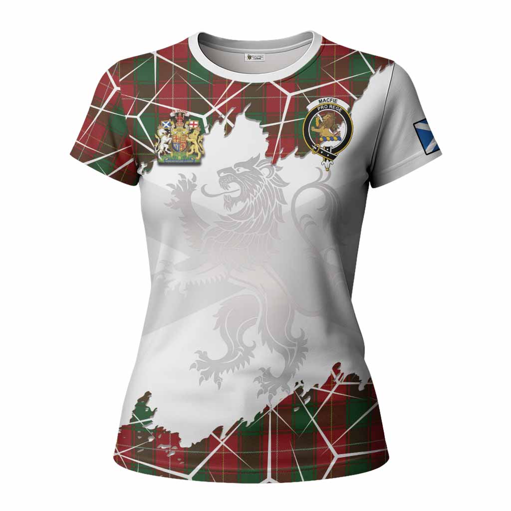 MacFie (McFie) Tartan Women T shirt with Family Crest and Lion Rampant Grunge Style