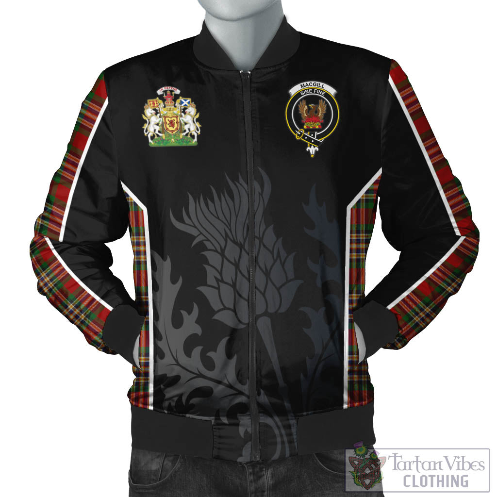 MacGill (MakGill) Tartan Bomber Jacket with Family Crest and Scottish Thistle Vibes Sport Style Unisex Black - Tartan Vibes Clothing