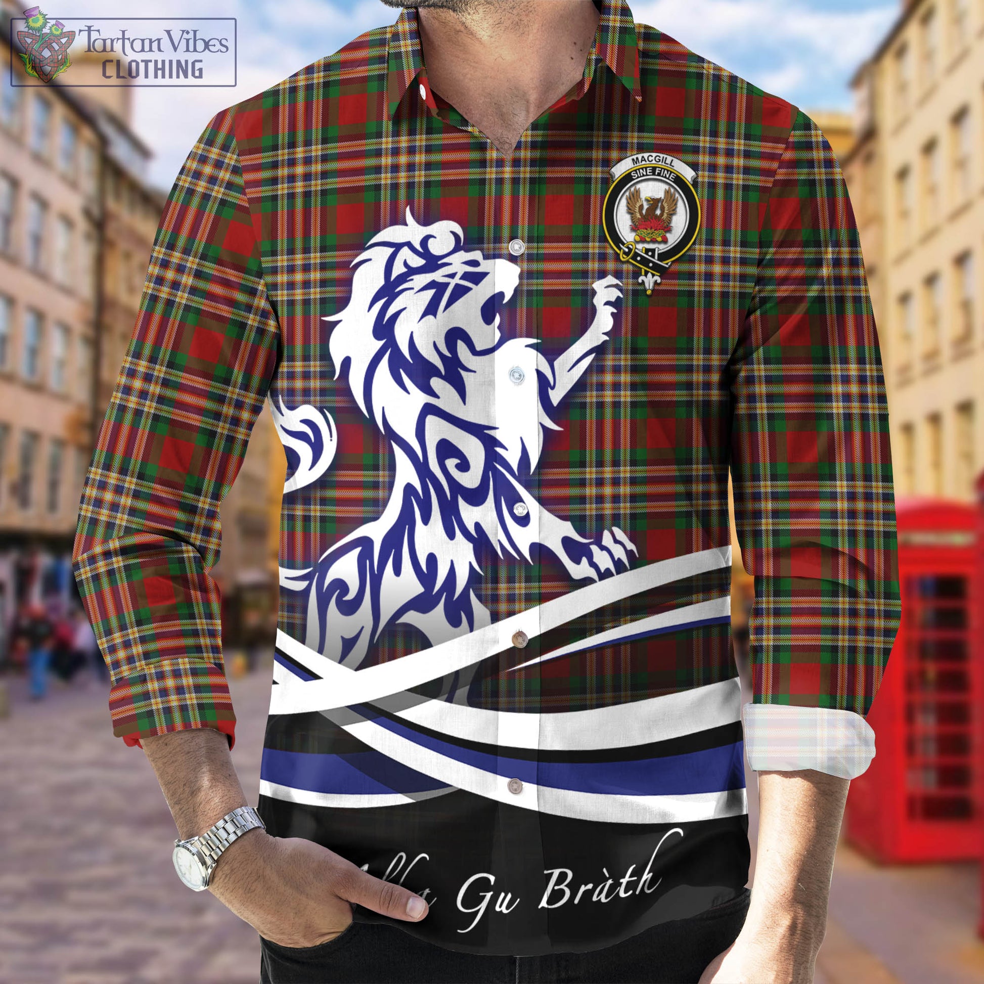 MacGill (MakGill) Tartan Long Sleeve Button Up Shirt with Alba Gu Brath Regal Lion Emblem Men's Shirt - Tartan Vibes Clothing