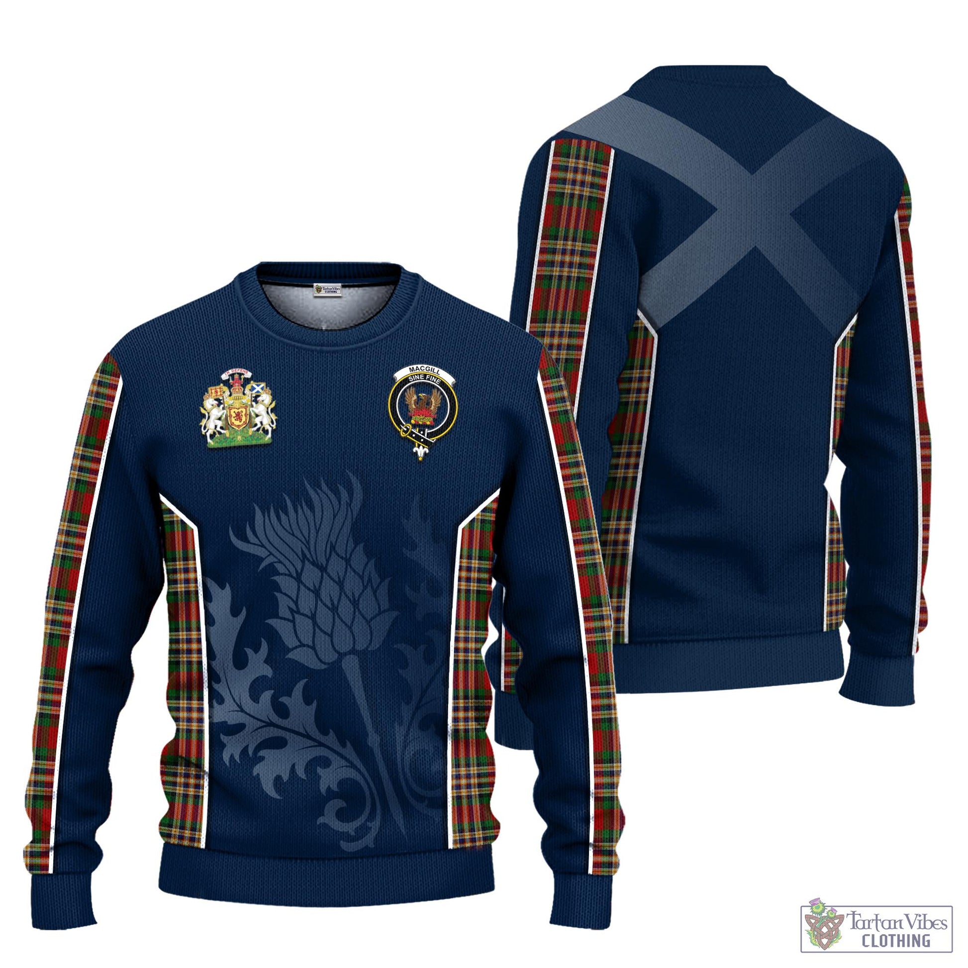 MacGill (MakGill) Tartan Knitted Sweatshirt with Family Crest and Scottish Thistle Vibes Sport Style Unisex - Tartan Vibes Clothing