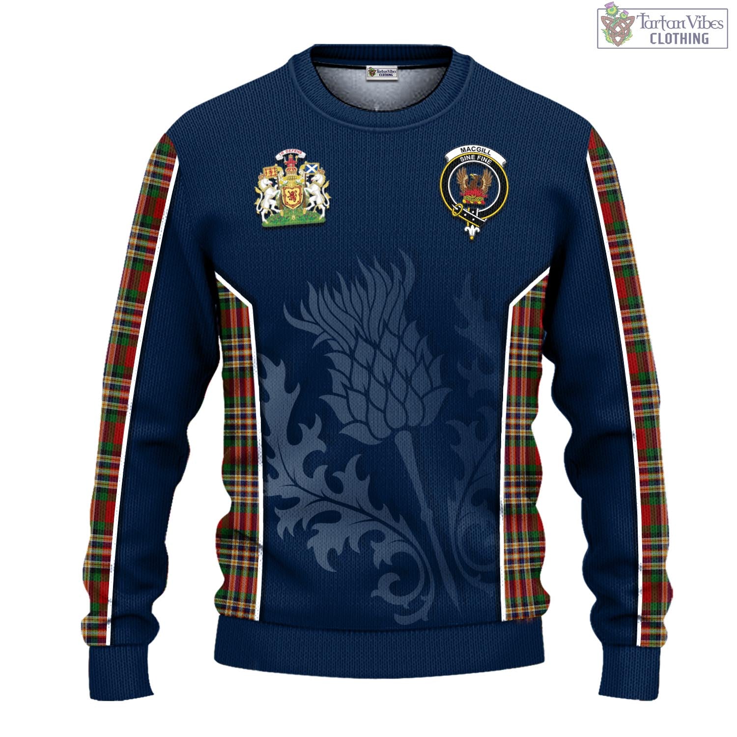 MacGill (MakGill) Tartan Knitted Sweatshirt with Family Crest and Scottish Thistle Vibes Sport Style - Tartan Vibes Clothing