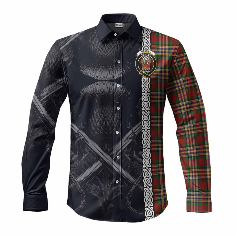 Tartan Vibes Clothing MacGill (MakGill) Tartan Long Sleeve Button Shirt with Family Crest Cross Sword Thistle Celtic Vibes