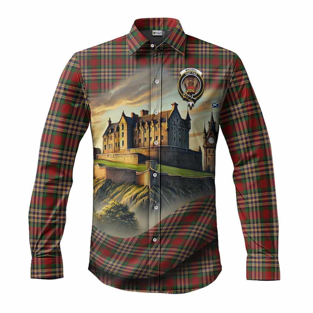 Tartan Vibes Clothing MacGill (MakGill) Tartan Family Crest Long Sleeve Button Shirt with Scottish Ancient Castle Style