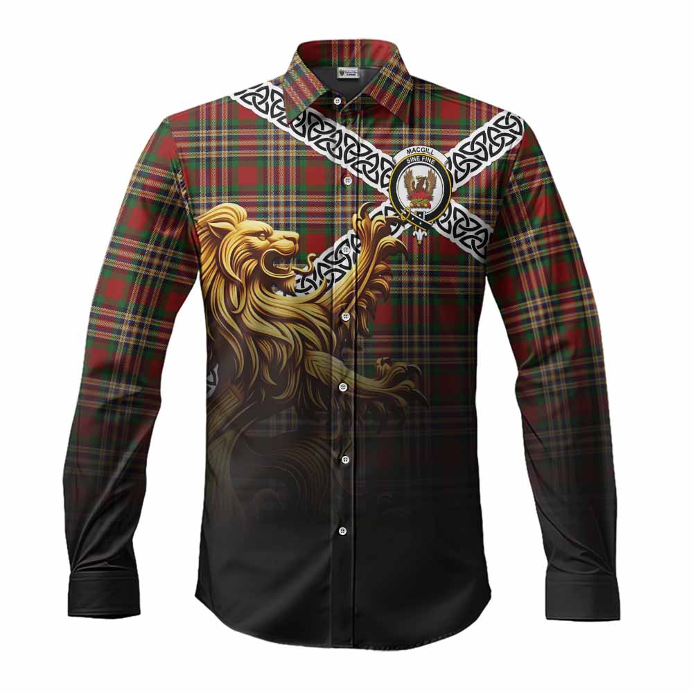 Tartan Vibes Clothing MacGill (MakGill) Crest Tartan Long Sleeve Button Shirt with Golden Lion Emblem Celtic Style