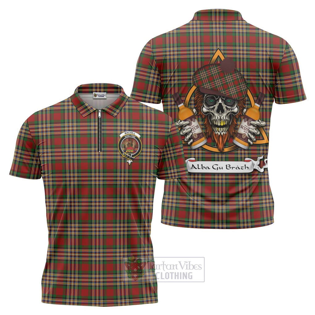 Tartan Vibes Clothing MacGill (MakGill) Tartan Zipper Polo Shirt with Family Crest and Bearded Skull Holding Bottles of Whiskey