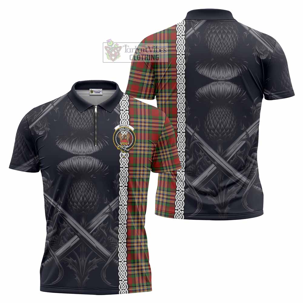 Tartan Vibes Clothing MacGill (MakGill) Tartan Zipper Polo Shirt with Family Crest Cross Sword Thistle Celtic Vibes