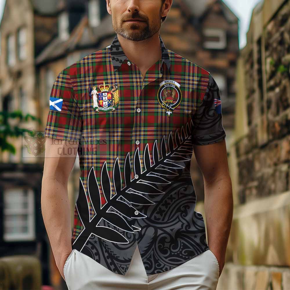 Tartan Vibes Clothing MacGill (MakGill) Crest Tartan Short Sleeve Button Shirt with New Zealand Silver Fern Half Style
