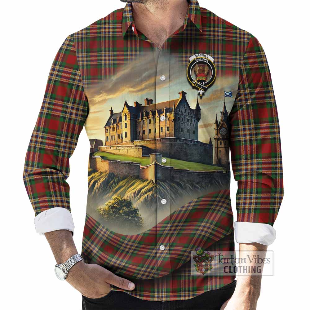 Tartan Vibes Clothing MacGill (MakGill) Tartan Family Crest Long Sleeve Button Shirt with Scottish Ancient Castle Style