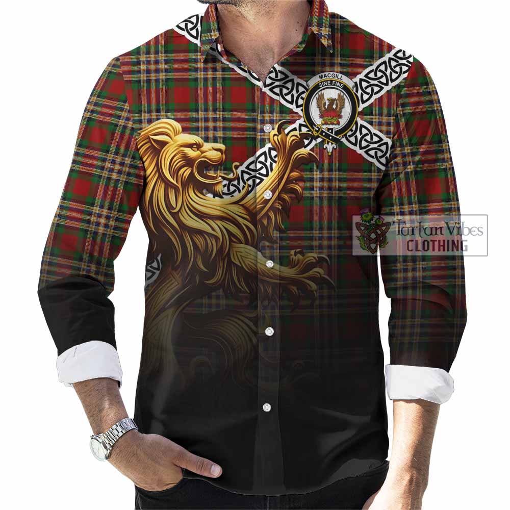 Tartan Vibes Clothing MacGill (MakGill) Crest Tartan Long Sleeve Button Shirt with Golden Lion Emblem Celtic Style