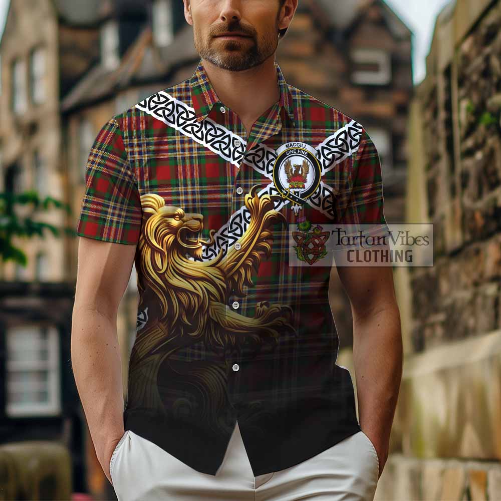 Tartan Vibes Clothing MacGill (MakGill) Crest Tartan Short Sleeve Button Shirt with Golden Lion Emblem Celtic Style