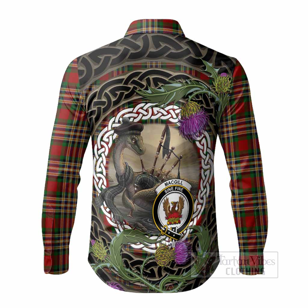 MacGill (MakGill) Tartan Crest Bagpipe Nessie Long Sleeve Button Shirts Scottish Loch Ness Monster Celtic Thistle
