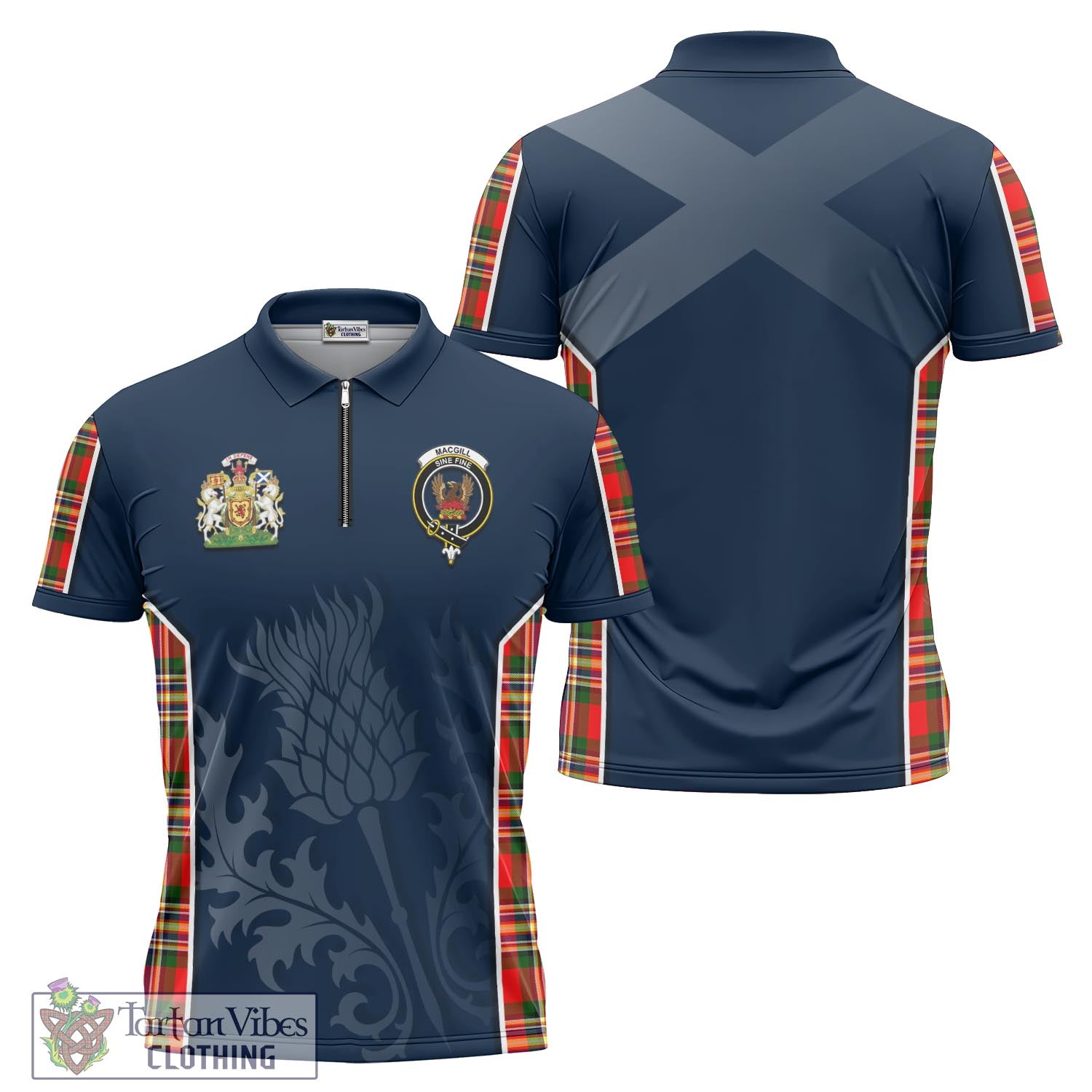 Tartan Vibes Clothing MacGill Modern Tartan Zipper Polo Shirt with Family Crest and Scottish Thistle Vibes Sport Style