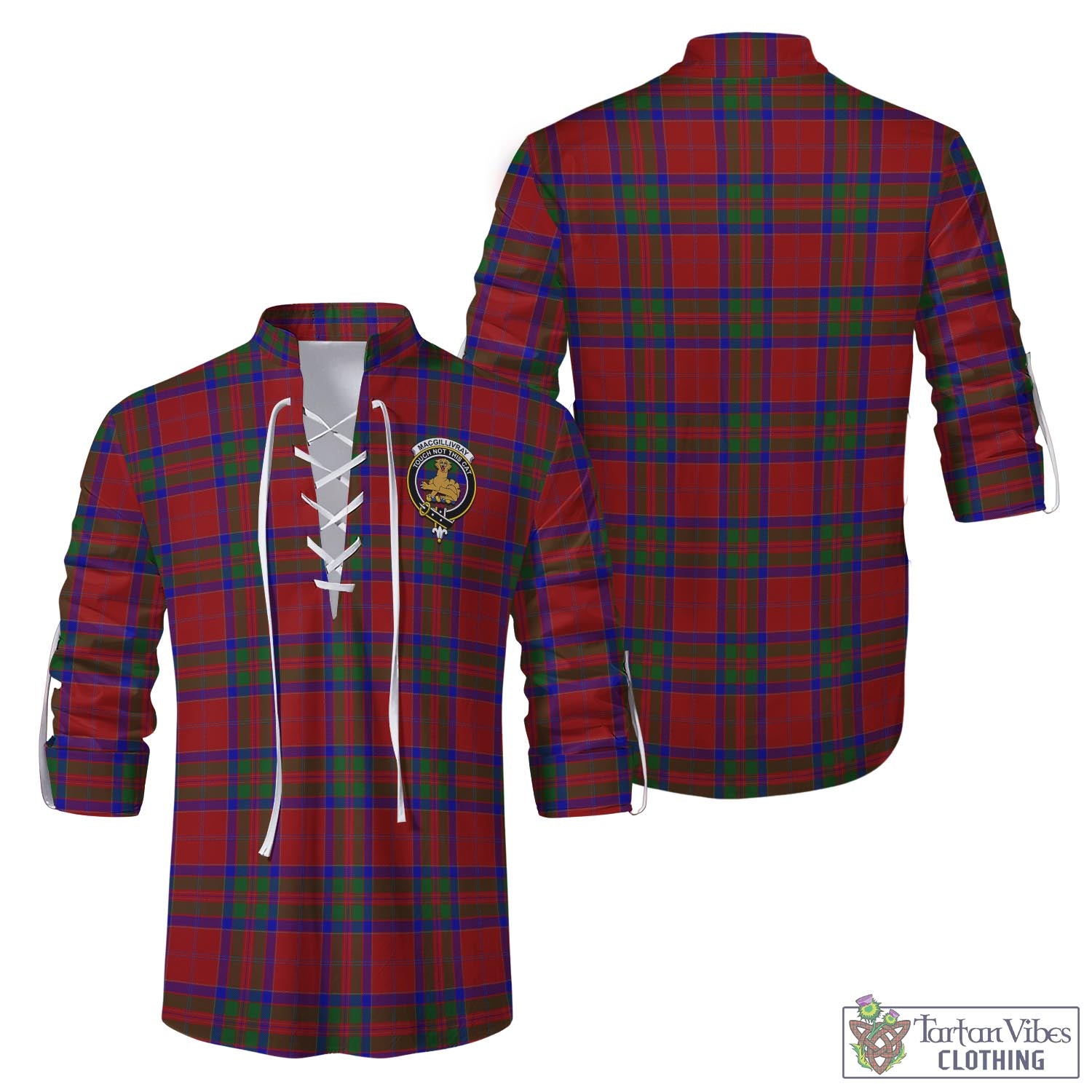 Tartan Vibes Clothing MacGillivray Tartan Men's Scottish Traditional Jacobite Ghillie Kilt Shirt with Family Crest