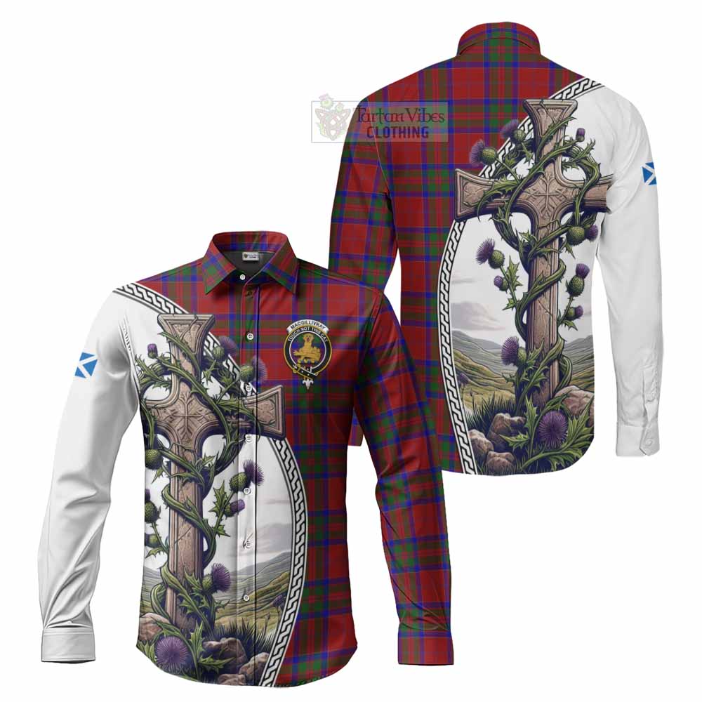 Tartan Vibes Clothing MacGillivray (McGillivray) Tartan Long Sleeve Button Shirt with Family Crest and St. Andrew's Cross Accented by Thistle Vines