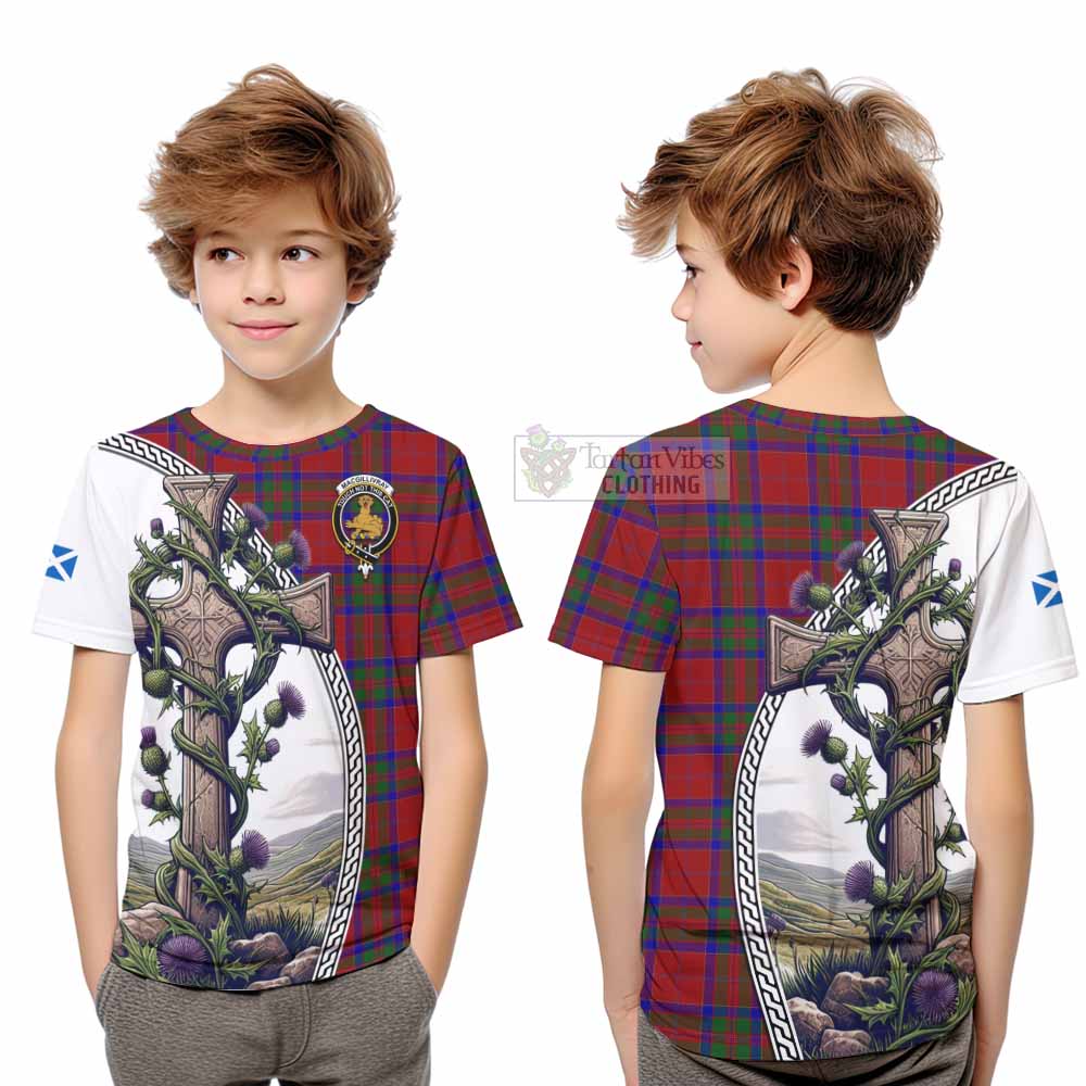Tartan Vibes Clothing MacGillivray (McGillivray) Tartan Kid T-Shirt with Family Crest and St. Andrew's Cross Accented by Thistle Vines