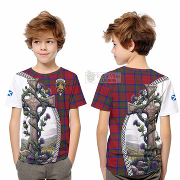 Tartan Vibes Clothing MacGillivray (McGillivray) Tartan Kid T-Shirt with Family Crest and St. Andrew's Cross Accented by Thistle Vines