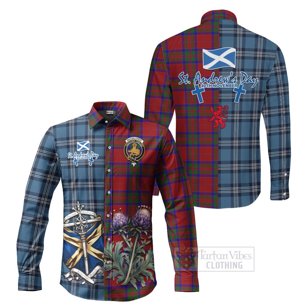 Tartan Vibes Clothing MacGillivray (McGillivray) Tartan Long Sleeve Button Shirt Happy St. Andrew's Day Half Tartan Style