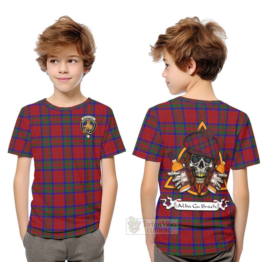 Tartan Vibes Clothing MacGillivray (McGillivray) Tartan Kid T-Shirt with Family Crest and Bearded Skull Holding Bottles of Whiskey
