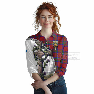 MacGillivray (McGillivray) Tartan Women's Casual Shirt with Family Crest and St. Andrew's Cross Accented by Thistle Vines