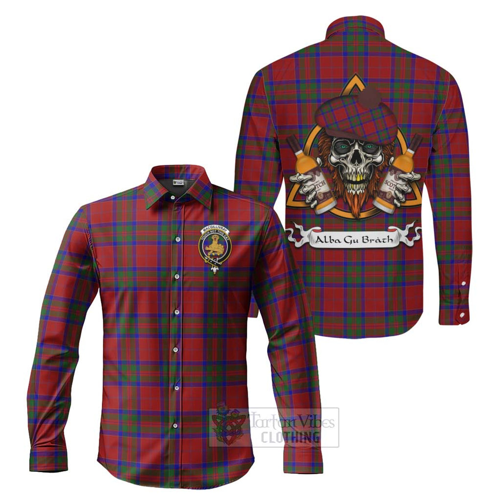 Tartan Vibes Clothing MacGillivray (McGillivray) Tartan Long Sleeve Button Shirt with Family Crest and Bearded Skull Holding Bottles of Whiskey
