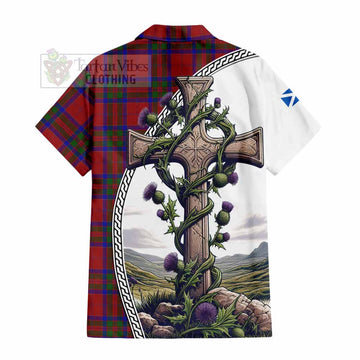 MacGillivray (McGillivray) Tartan Hawaiian Shirt with Family Crest and St. Andrew's Cross Accented by Thistle Vines