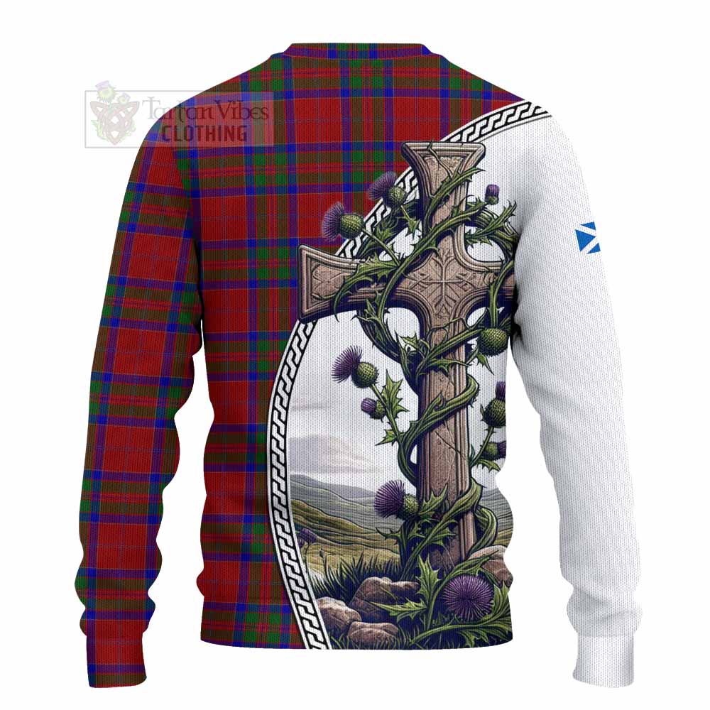 Tartan Vibes Clothing MacGillivray (McGillivray) Tartan Knitted Sweater with Family Crest and St. Andrew's Cross Accented by Thistle Vines