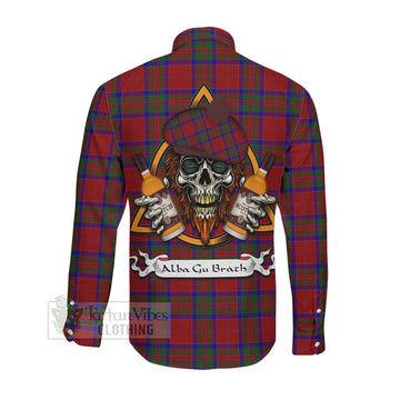 MacGillivray (McGillivray) Tartan Long Sleeve Button Shirt with Family Crest and Bearded Skull Holding Bottles of Whiskey