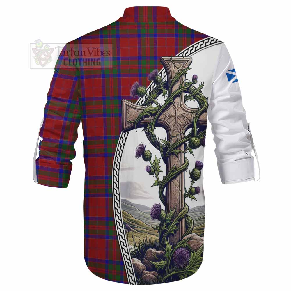Tartan Vibes Clothing MacGillivray (McGillivray) Tartan Ghillie Kilt Shirt with Family Crest and St. Andrew's Cross Accented by Thistle Vines
