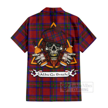 Tartan Vibes Clothing MacGillivray (McGillivray) Tartan Short Sleeve Button Shirt with Family Crest and Bearded Skull Holding Bottles of Whiskey