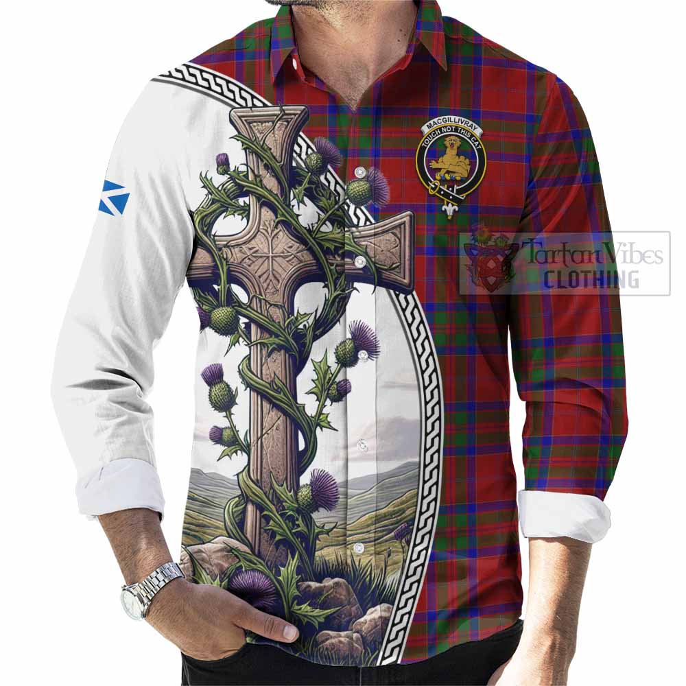 Tartan Vibes Clothing MacGillivray (McGillivray) Tartan Long Sleeve Button Shirt with Family Crest and St. Andrew's Cross Accented by Thistle Vines