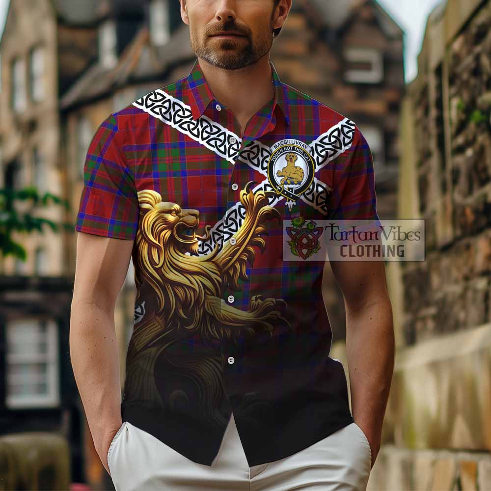 Tartan Vibes Clothing MacGillivray (McGillivray) Crest Tartan Short Sleeve Button Shirt with Golden Lion Emblem Celtic Style
