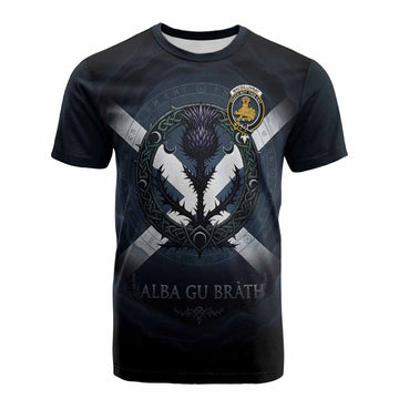 MacGillivray (McGillivray) Clan Crest Cotton T-shirt with Celtic Knot Thistle and Saltire