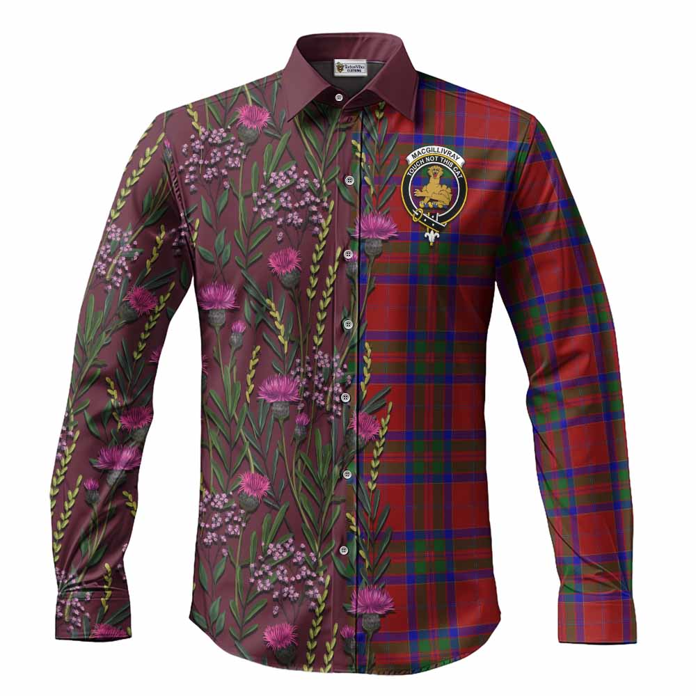 MacGillivray (McGillivray) Family Crest Tartan Long Sleeve Button Shirts Scottish Thistle Flower Pattern Half Style - Tartan Vibes Clothing