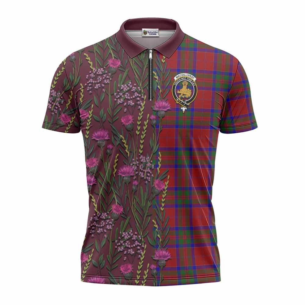 MacGillivray (McGillivray) Family Crest Tartan Zipper Polo Shirt Scottish Thistle Flower Pattern Half Style - Tartan Vibes Clothing
