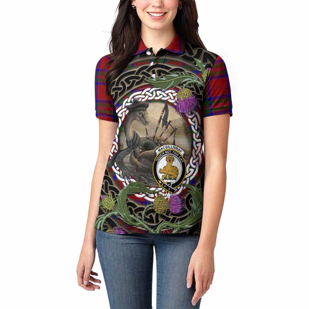 MacGillivray (McGillivray) Tartan Crest Bagpipe Nessie Women Polo Shirt Scottish Loch Ness Monster Celtic Thistle