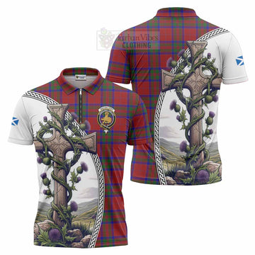 MacGilvery (McGilvery) Tartan Zipper Polo Shirt with Family Crest and St. Andrew's Cross Accented by Thistle Vines Unisex - Tartan Vibes Clothing