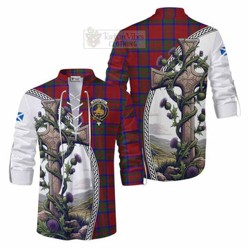 MacGilvery (McGilvery) Tartan Ghillie Kilt Shirt with Family Crest and St. Andrew's Cross Accented by Thistle Vines Men - Tartan Vibes Clothing