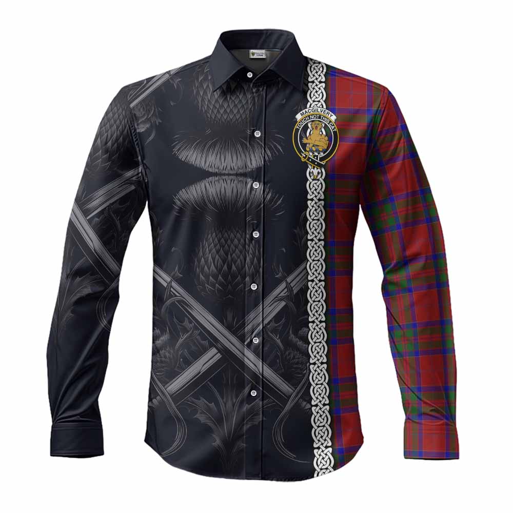 Tartan Vibes Clothing MacGilvery (McGilvery) Tartan Long Sleeve Button Shirt with Family Crest Cross Sword Thistle Celtic Vibes