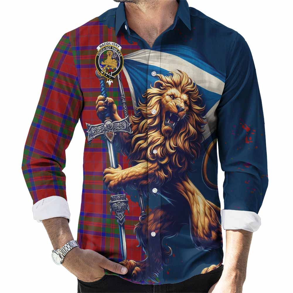 MacGilvery (McGilvery) Tartan Family Crest Long Sleeve Button Shirt with Scottish Majestic Lion Men's Shirt S - Tartan Vibes Clothing