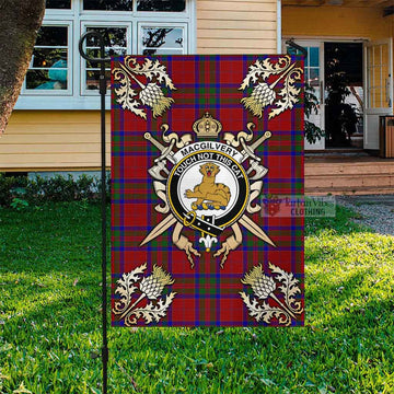 MacGilvery (McGilvery) Tartan Garden Flag with Family Crest and Golden Thistle Crossed Sword Design Garden Flag - Tartan Vibes Clothing