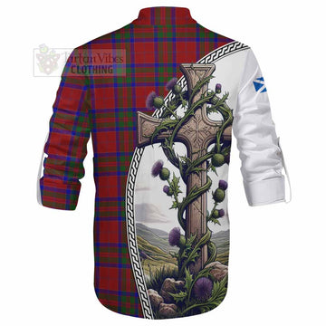 MacGilvery (McGilvery) Tartan Ghillie Kilt Shirt with Family Crest and St. Andrew's Cross Accented by Thistle Vines - Tartan Vibes Clothing