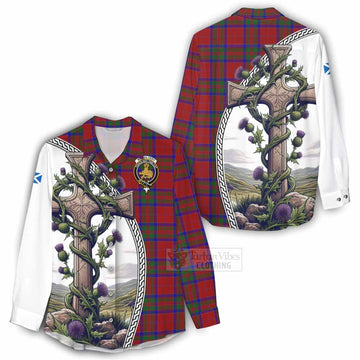 MacGilvery (McGilvery) Tartan Women's Casual Shirt with Family Crest and St. Andrew's Cross Accented by Thistle Vines - Tartan Vibes Clothing