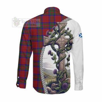 MacGilvery (McGilvery) Tartan Long Sleeve Button Shirt with Family Crest and St. Andrew's Cross Accented by Thistle Vines Men's Shirt - Tartan Vibes Clothing