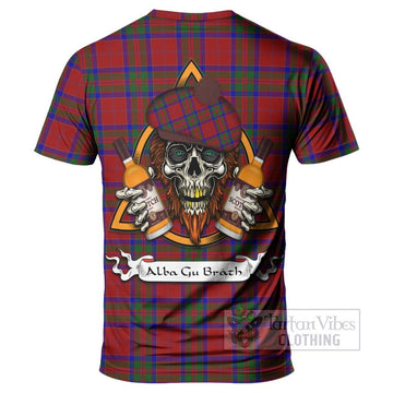 MacGilvery (McGilvery) Tartan T-Shirt with Family Crest and Bearded Skull Holding Bottles of Whiskey - Tartan Vibes Clothing
