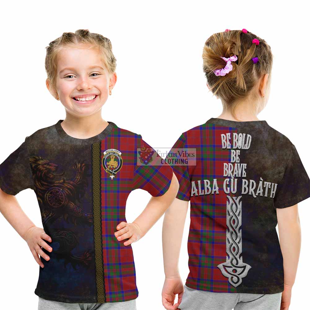 Tartan Vibes Clothing MacGilvery (McGilvery) Tartan Family Crest Kid T-Shirt Alba Gu Brath Be Brave Lion Ancient Style