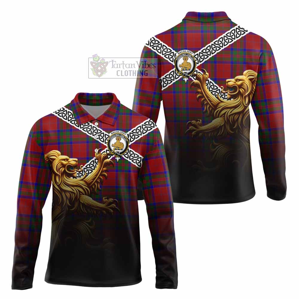 MacGilvery (McGilvery) Crest Tartan Long Sleeve Polo Shirt with Golden Lion Emblem Celtic Style - Tartan Vibes Clothing