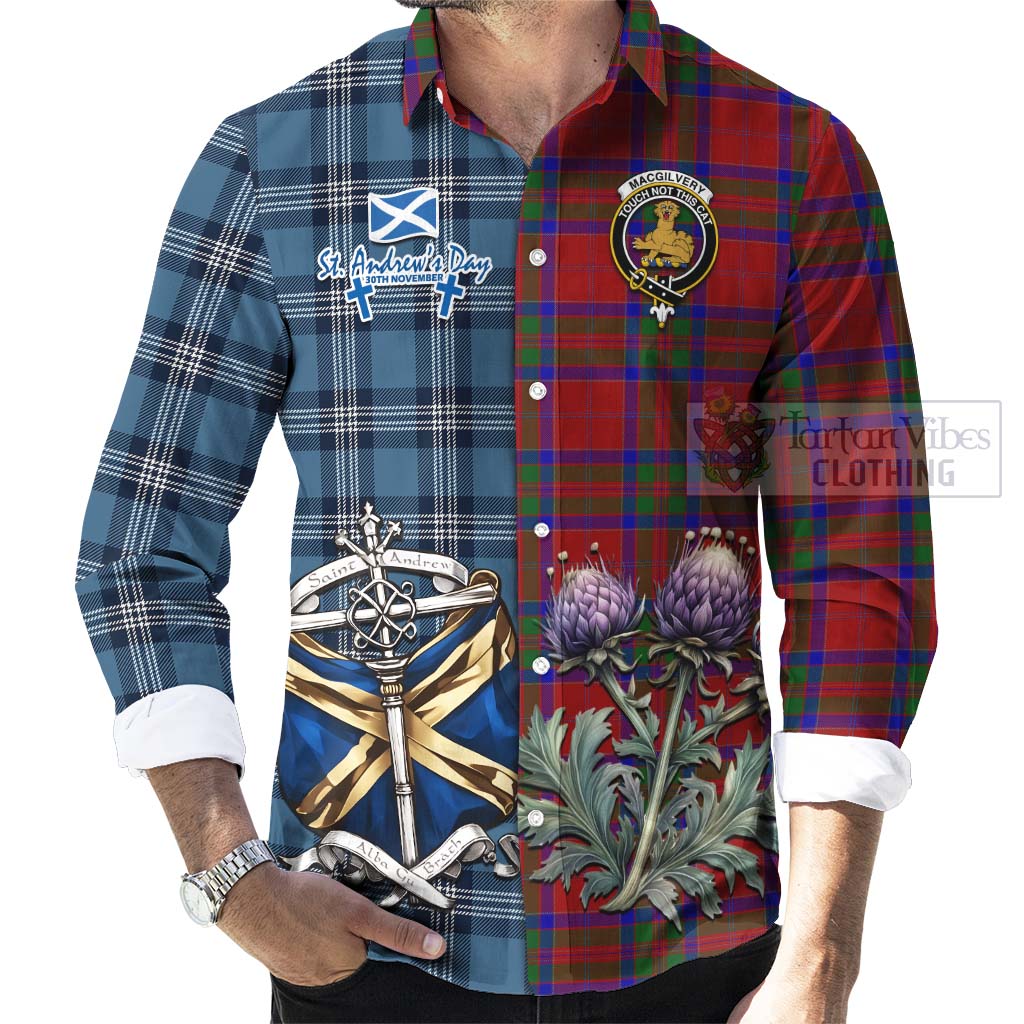 MacGilvery (McGilvery) Tartan Long Sleeve Button Shirt Happy St. Andrew's Day Half Tartan Style - Tartan Vibes Clothing