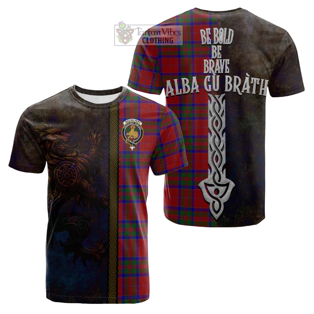 Tartan Vibes Clothing MacGilvery (McGilvery) Tartan Family Crest Cotton T-shirt Alba Gu Brath Be Brave Lion Ancient Style