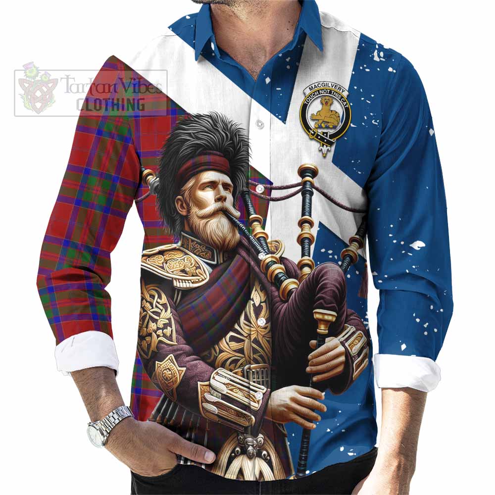MacGilvery (McGilvery) Tartan Long Sleeve Button Shirt with Family Crest Scottish Bagpiper Vibes - Tartan Vibes Clothing