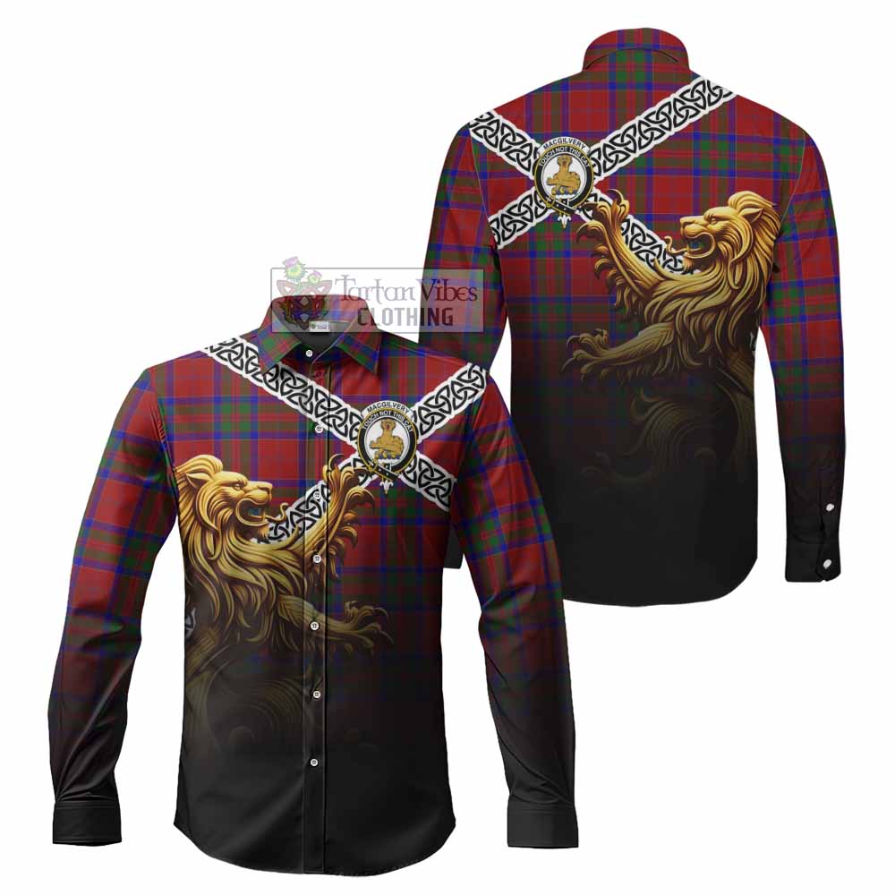 MacGilvery (McGilvery) Crest Tartan Long Sleeve Button Shirt with Golden Lion Emblem Celtic Style - Tartan Vibes Clothing